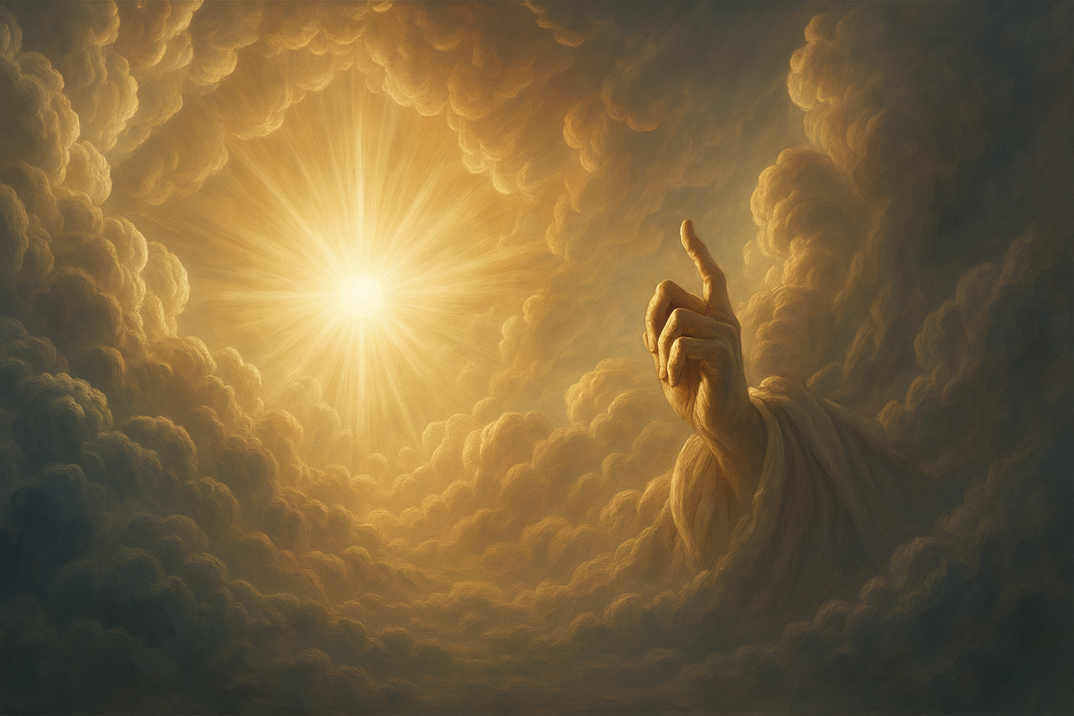 Rappresentazione della divina volontà: una luce sulllo sfondo e un dito che indica.